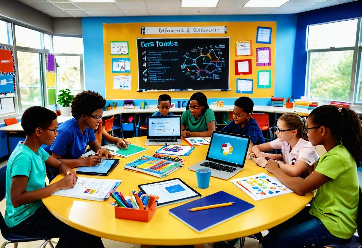 A dynamic classroom scene with diverse educators and students collaborating around a table filled with colorful curriculum materials, digital devices, and interactive learning tools. Visual elements of creativity and engagement, such as charts, books, and artistic displays, are scattered around. The atmosphere is vibrant and inspiring, symbolizing excellence in education. super-realistic. vibrant colors. 3D.