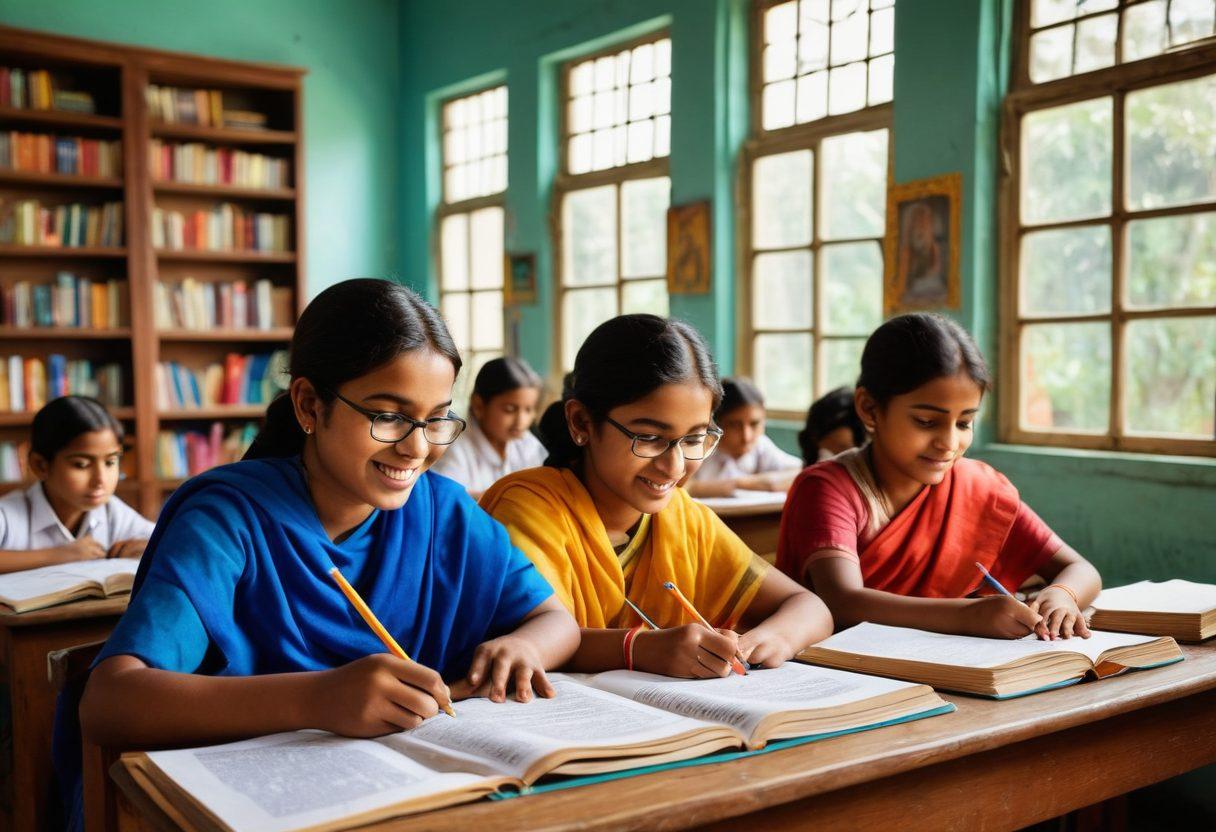 A vibrant classroom scene in West Bengal, with diverse students engaged in joyful learning activities, surrounded by colorful books, art supplies, and interactive educational tools. The background features traditional Bengali motifs and lively decorations enhancing the atmosphere of creativity. Sunlight streaming through large windows illuminates eager expressions on students' faces, symbolizing hope and academic excellence. super-realistic. vibrant colors. collaborative learning environment.