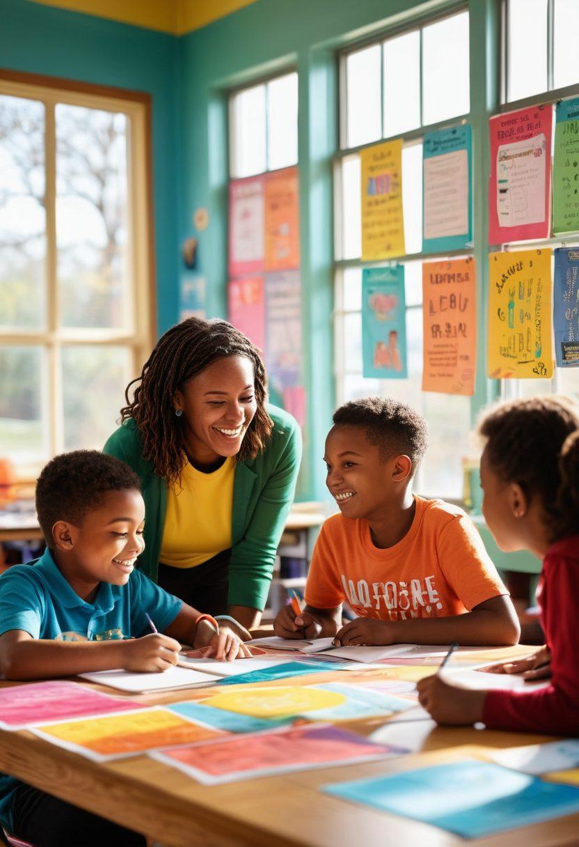 A vibrant classroom scene filled with diverse young students joyfully engaging in collaborative learning activities. Bright posters featuring motivational quotes adorn the walls, while colorful books and learning materials are spread across the desks. A cheerful teacher guides them with a warm smile, symbolizing empowerment and support. Sunlight streams through large windows, illuminating the space with a positive and inspiring atmosphere. vibrant colors. super-realistic.